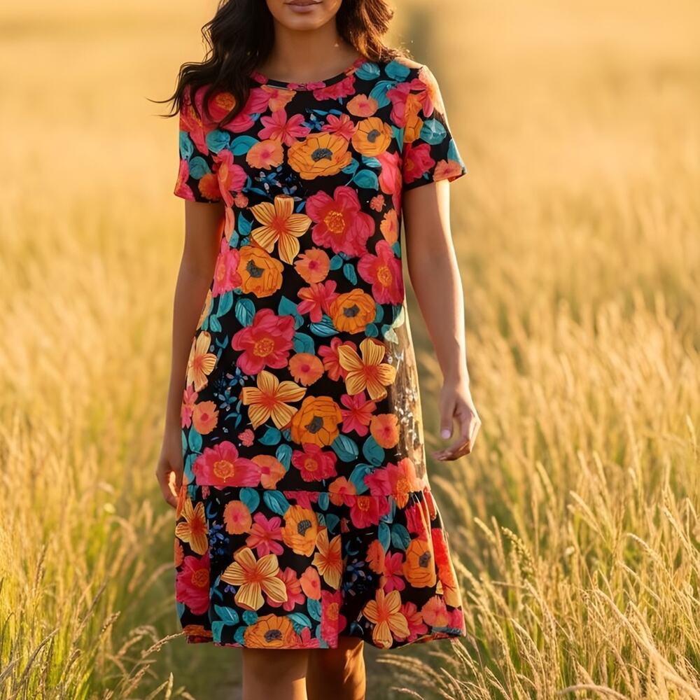 Zara NWT Asymmetrical Floral Orange Pink  Black Dress Size small